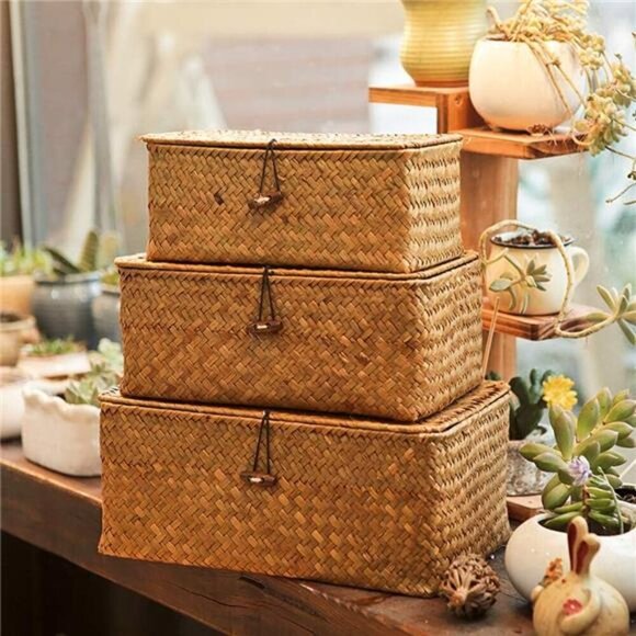 Shelf Baskets with Lid Set of 3, Handwoven Seagrass Storage Bins Box Rectangular - Picture 5 of 7